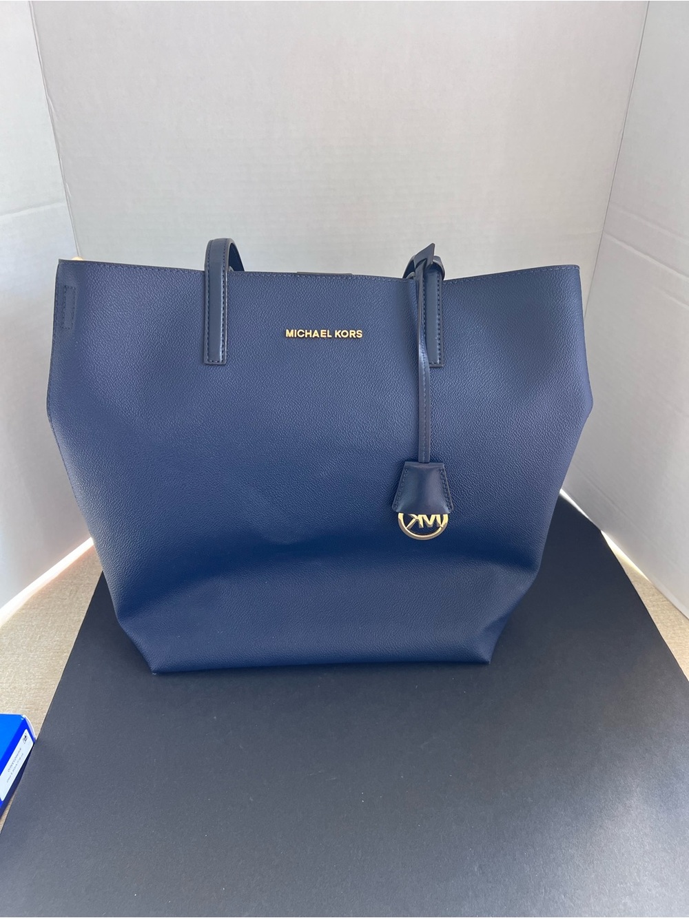 Michael Kors Navy Shoulder Tote with Gold Hardware